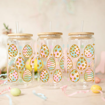 Egg Hunting Season Tumbler, Easter Egg Glass Cup, Gift For Easter, Easter Cup, Easter Gift For Kids, Ice Coffee Glass Cup, 16oz Glass Jar