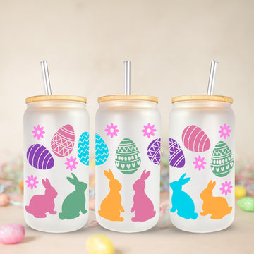 Colorful Egss Glass Cup, Happy Easter Gift, Easter Bunny Glass, Drinking Glass Jar, Glass With Lid And Straw