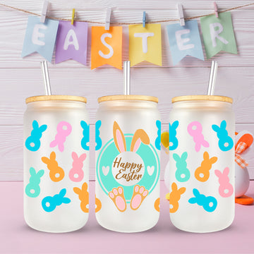 Happy Easter Frosted Glass Cup, Easter 2024, Gift For Easter, Iced Coffee Glass Can, Easter Decor, 16oz Glass Tumbler, Drinking Glsass Jar