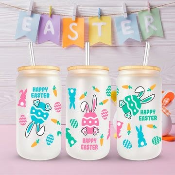Personalized Happy Easter Glass, Custom Egg Hunt Season Glass, Gift For Easter, Beer Can Glass, 16oz Glass Tumbler, Bunny Carrot Glass,