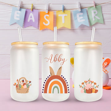 Rainbow Easter Tumbler with Name, Personalized Easter Jar, Pastel Colors Easter Cup, 16oz Easter Glass Tumbler, Custom Name Glass Cup