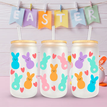 Easter Bunny Glass, Happy Easter Gift, Heartful Bunny Glass Tumbler, Iced Coffee Glass, Gift For Easter, Drinking Glass Jar