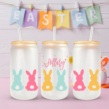 Personalized Easter Glass Tumbler, Colorful Bunny Glass, Happy Easter Gift, Custom Name Glass, Gift For Kids, Soda Can Glass
