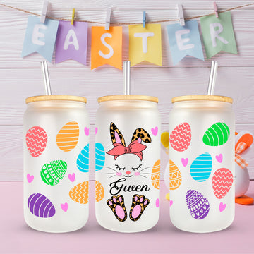 Personalized Easter Egg Glass, Leopard Bunny Glass Cup, Cute Easter Gift For Kids, Custom Name Glass Tumbler, Iced Coffe Glass