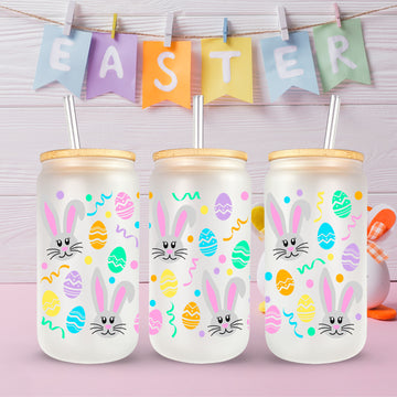 Colorful Easter Glass Tumbler, 16oz Easter Egg Glass Can, Gift For Easter, Easter Party Favors, Cute Bunny Easter Tumbler, Iced Coffee Cups