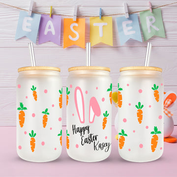 Happy Easter Glass Cup, Bunny Ears Glass, Personalized Gift For Easter, 16oz Glass Tumbler, Custom Name Glass Cup, Carrot Glass With Lid