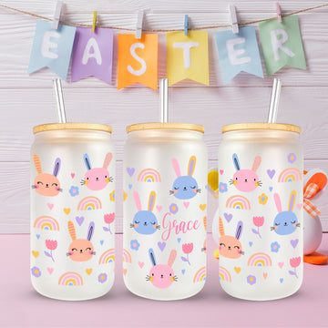 Personalized Easter Jar, Iced Coffee Cup, Colorful Easter Bunny Glass, Happy Easter Gift, Custom Name Glass, 16oz Glass Tumbler, Easter Gift Ideas, Beer Can Glass