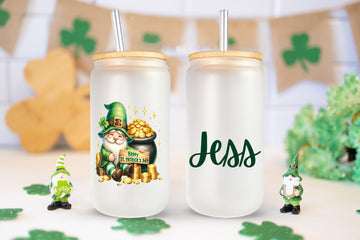 Lucky Gnome Frosted Glass Can, Personalized Name Glass Can, St Patrick's Gift, Gift For Her, Happy Patrick's Day Glass, Beer Can Glass