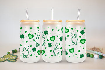 Heart And Clover Iced Coffee Tumbler, Frosted Glass Cup, St Patrick's Day Gift, Gift For Him, Beer Can Glass, Glass Cup Wit Lid And Straw