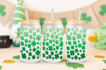 St Patrick's Glass Cup, Lucky Clover Glass Can, Beer Glass Can, Gift For Friend, St Patrick's Gifts, 16oz Frosted Glass Tumbler With Lid