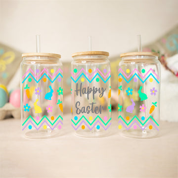 Happy Easter Glass Tumbler, Gift For Her, Easter Glass Cup, Gift For Girlfriend, Easter Gift For Kids, Hunting Season, 16oz Glass Jar