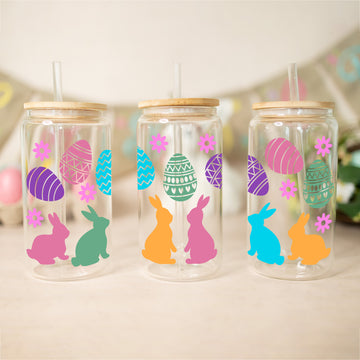 Colorful Egss Glass Cup, Happy Easter Gift, Easter Bunny Glass, Drinking Glass Jar, Glass With Lid And Straw