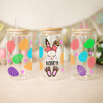 Personalized Easter Egg Glass, Leopard Bunny Glass Cup, Cute Easter Gift For Kids, Custom Name Glass Tumbler, Iced Coffe Glass