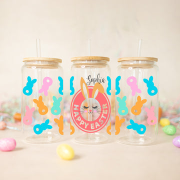 Personalized Name Easter Tumbler, Happy Easter Glass Can, Easter Gift For Kids, Gift For Her, 16oz Glass Can, Cute 16oz Easter Decoration