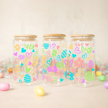Heartful Easter Glass Tumbler, Egg Design Easter Cup, Egg Hunting Season Glass Can, Gift For Kids, 16oz Glass Tumbler, Drinking Glass Jar