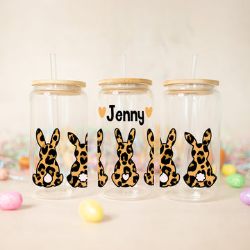 Custom Name Easter Glass Cup, Frosted Glass Tumbler, Cute Leopard Bunny Tumbler, Gift For Easter, Gift For Her, 16oz Beer Glass Can