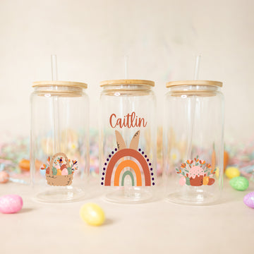 Rainbow Easter Tumbler with Name, Personalized Easter Jar, Pastel Colors Easter Cup, 16oz Easter Glass Tumbler, Custom Name Glass Cup