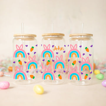 Custom Rainbow Easter Glass, Happy Easter Gift, Personalized Glass Cup, Easter Bunny Glass, Heartfull Glass Tumbler, 16oz Drinking Glass Jar