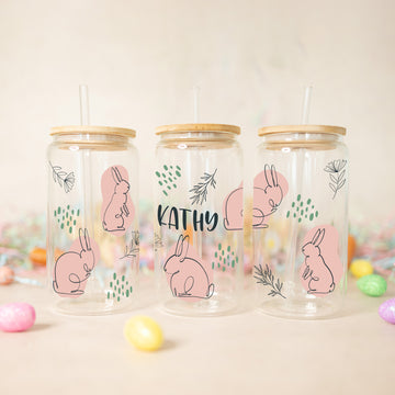 Personalized Easter Bunny Glass Cup, Iced Coffee Glass Cup, Custom Name Glass Cup, Happy Easter Gift, 16oz Glass Tumbler, Drinking Glass Jar