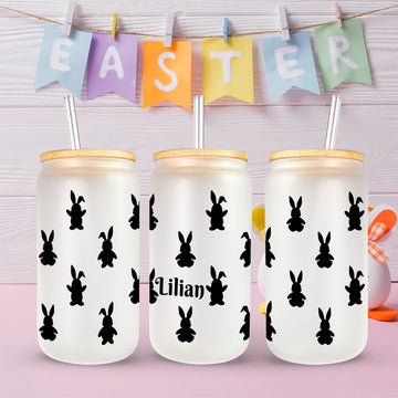 Personalized Easter Bunny Glass Can, Easter Gift For Kids, Drinking Glass Jar, Custom Happy Easter Gift, Black and White Glass Cup, Beer Can Glass