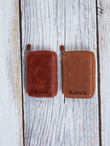 Personalized Leather Wallet, Small Zipper Wallet, Custom Birthday Gift, Engraved Wallet, Woman Wallet, Card Holder Wallet, Bridesmaid Wallet
