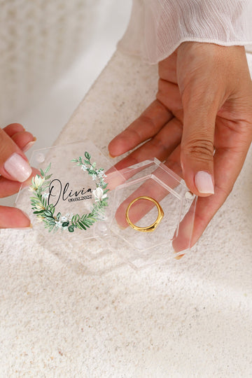 Wedding Ceremony Ring Box, Bride Gift, Floral Proposal Ring Box, Engagement Ring Box, Transparent Ring Bearer Box, Hexagon & Heart Ring Box