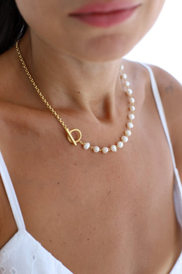 18K Gold Filled Toggle Necklace with Pearl, Fresh Water Pearls