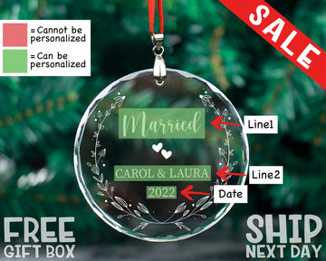 Personalized Christmas Married Ornament, Custom Christmas Engaged Ornament, Christmas Glass Wedding Ornament, Christmas Newly Wed Ornament