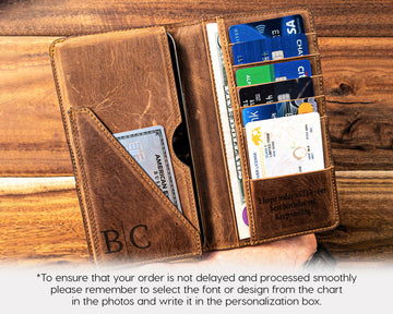 Personalized Long Leather Wallet, Custom Engraved Phone Wallet