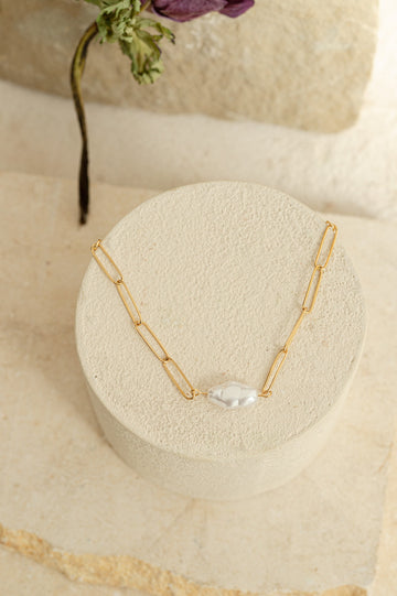 18K Gold Baroque Pearl Necklace, Paperclip Chain Necklace