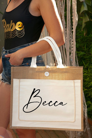 Personalized  Beach Jute Tote Bag, Custom Bridal Shower Party Gift