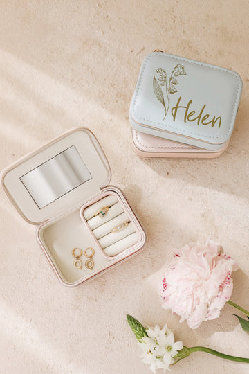 Custom Engraved Jewelry Box with Birth Flower, Bridal Gifts, Bridesmaids Gifts, Personalized Travel Name Jewelry Box, Leather Earring Box