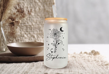 Personalized Frosted Glass Coffee Jar w Zodiac Sign Birth Flower, Gift For Her, Bridesmaids Gifts, Wedding Party Gift, Custom Glass Cup