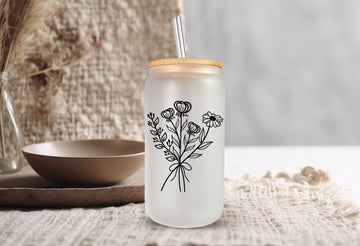 Custom Wildflower Jar, Personalized Glass Cup, Ice Coffee Cup, Gift For Bridesmaid, Bridal Party Gift, Bridal Shower Gift, Frosted Glass Cup