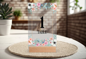 Personalized Acrylic Table Stand, Floral Table Numbers Stand