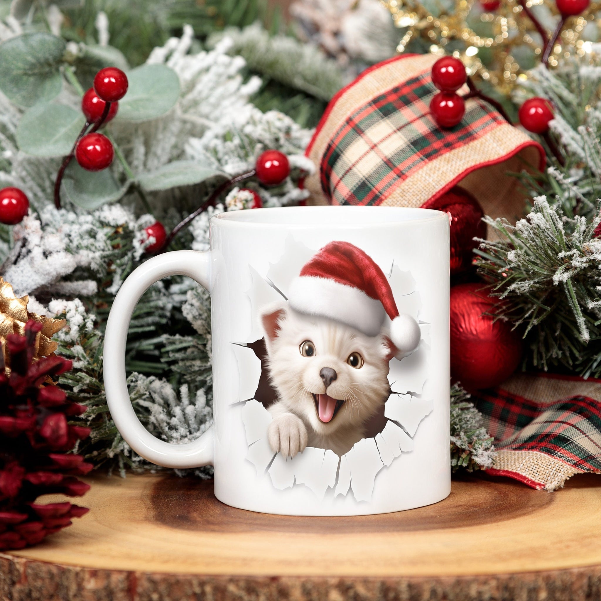 Custom Puppy Christmas Mug, 15oz Ceramic Mug, Christmas Gifts, Cute Cat With Santa's Hat, Funny Gift For Pet Lover, Christmas Decoration