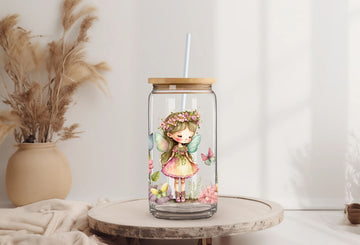 Cute Fairy Cup, 16oz Frosted Glass Tumbler for Her, Unique Iced Coffee Tumbler, Christmas Gifts, Clear Glass Cup,Tumbler with Lid and Straw