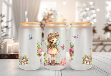 Cute Fairy Cup, 16oz Frosted Glass Tumbler for Her, Unique Iced Coffee Tumbler, Christmas Gifts, Clear Glass Cup,Tumbler with Lid and Straw