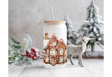 Cute Christmas Coffee Cups, 16oz Glass Tumbler, Christmas Gifts, Iced Beverage Jar, Gingerbread House Tumbler, Tumbler with Bamboo Lid