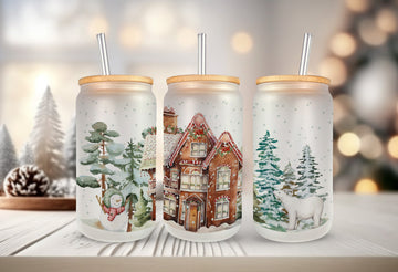 Cute Christmas Coffee Cups, 16oz Glass Tumbler, Christmas Gifts, Iced Beverage Jar, Gingerbread House Tumbler, Tumbler with Bamboo Lid
