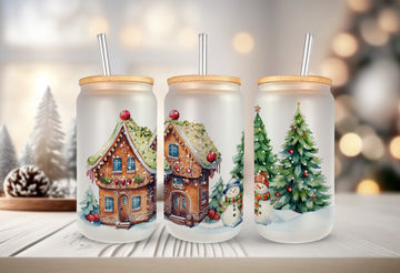 Gingerbread House Glass Cups, Christmas Gift Tumbler, Gift for Her, 16oz Glass Coffee Jar, Iced Coffee Cups, Frosted Glass Snowman Jar