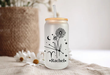 Zodiac Iced Coffee Cup with Flower, Christmas Gifts, Custom Birthday Gifts, Libra Gifts, Personalized Birth Flower Tumbler, Zodiac Sign Cup