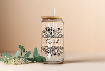 Personalized Wild Flower Cup, 16oz Glass Tumbler, Cute Iced Coffee Cup, Christmas Gifts, Gift for Her, Frosted Glass Cup w Name, Floral Jar