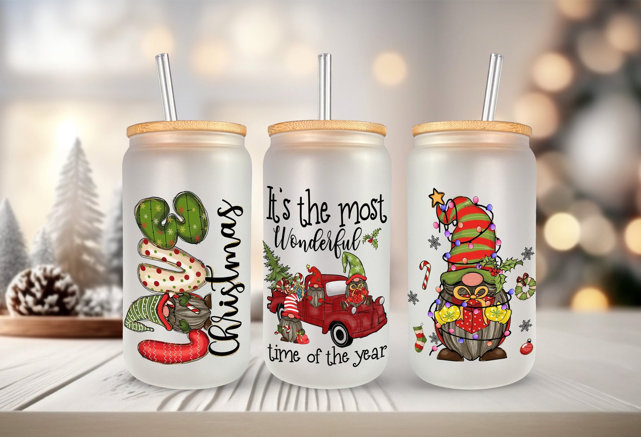 Christmas Red Truck Glass Cup, Holiday Gifts, Christmas Gnome Glass Tumbler, Christmas Love Glass Jar, 16 oz Glass Soda Can, Iced Coffee Jar