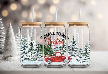 Small Town Christmas Tumbler, 16oz Frosted Glass Cup, Iced Coffee Cups, Christmas Gifts, Beer Glass Can, Christmas Cup with Lid and Straw