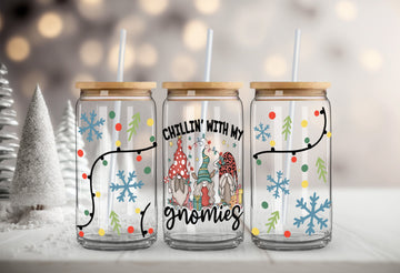 Christmas Gnome Glass Jar, Christmas Gifts, Holiday Gift, Christmas Frosted Glass Cup, Christmas Glass Tumbler, Christmas Coffee Tumbler