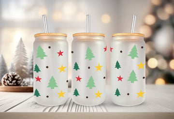 Christmas Frosted Glass Cup, Cute Iced Coffee Glass Tumbler, 16 oz Glass Jar w Straw, Beer Glass Cup, Custom Glass Tumbler, Soda Glass Can