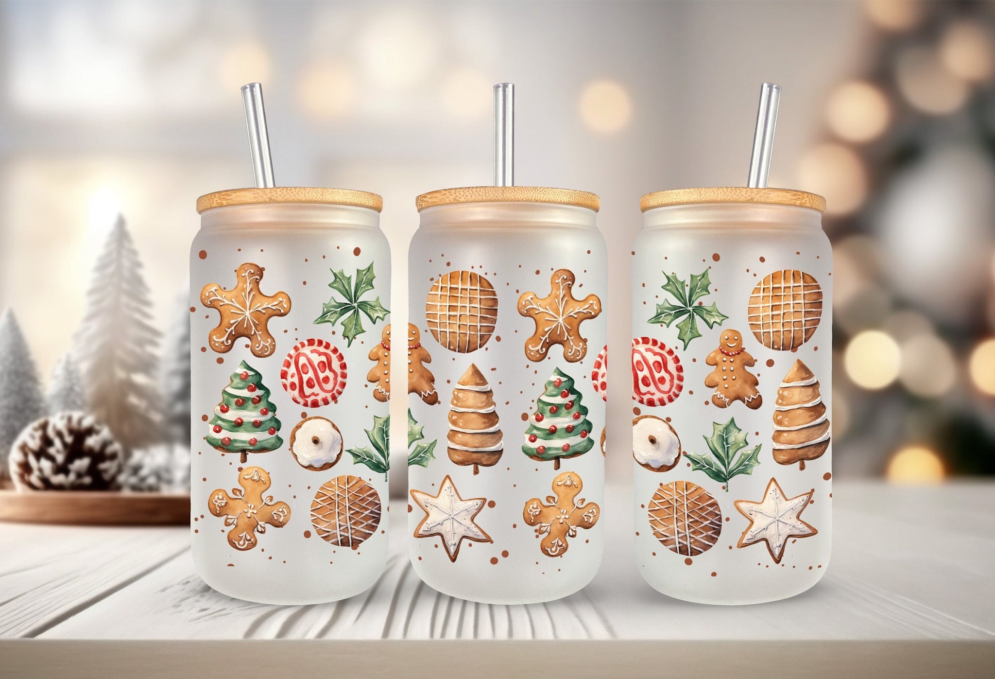 Gingerbread Coffee Tumbler, Christmas Gift Cup, Housewarming Gifts, Christmas Decor, Christmas Keepsakes, 16 oz Glass Jar with Lid and Straw