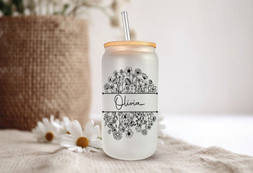 Personalized Wild Flower Cup, 16oz Glass Tumbler, Cute Iced Coffee Cup, Christmas Gifts, Gift for Her, Frosted Glass Cup w Name, Floral Jar