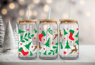 Cute Christmas Glass Jar, Custom 16oz Frosted Glass Tumbler, Unique Christmas Gifts, Tumbler with Lid and Straw, Iced Coffee Cup for Her